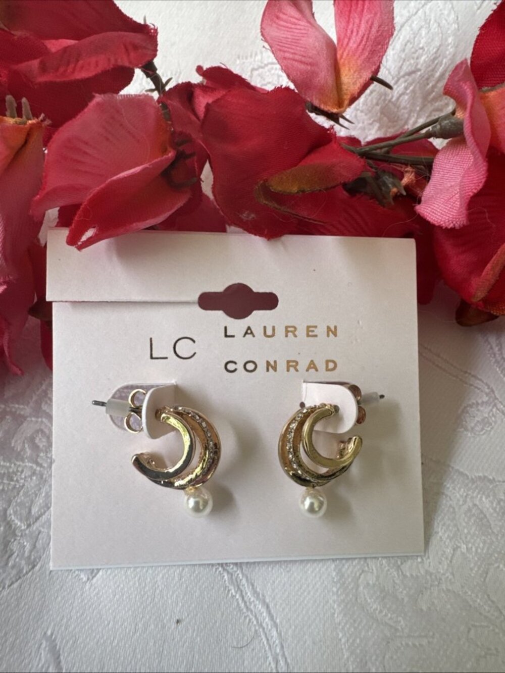 LC Lauren Conrad GoldTone Pearl Dangle Drop CZ Earrings Tiny Double Hoops 3/4"